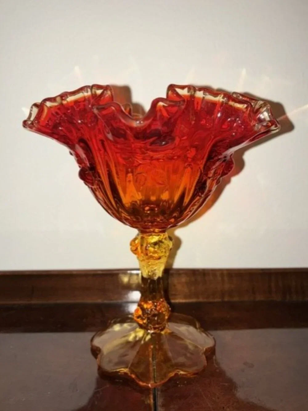 Fenton Glass Cabbage Rose Amberina Ruffled Edge Silver Crest Footed Compote
